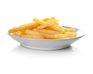 Plate with tasty fries on white background