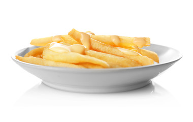 Plate with tasty cheese fries on white background