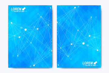Modern vector template for brochure, Leaflet, flyer, advert, cover, catalog, magazine or annual report. Geometric background communication. Scientific particle compounds. Lines plexus. Card surface.