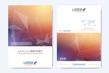 Modern vector template for brochure, Leaflet, flyer, advert, cover, catalog, magazine or annual report. Geometric background communication. Scientific particle compounds. Lines plexus. Card surface.