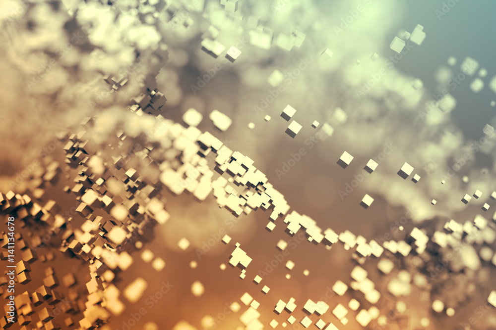 Poster abstract 3d rendering of chaotic particles. flying cubes in empty space. dynamic shape. futuristic b