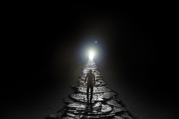 Business walking on traffic sign to open door,success concept