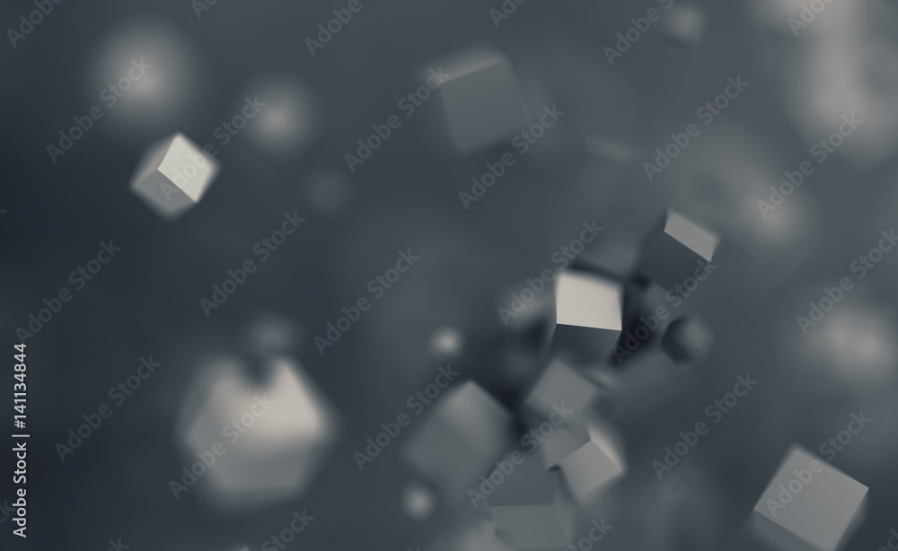 Poster abstract 3d rendering of chaotic cubes. flying shapes in empty space. dynamic background with bokeh,
