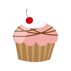 pink muffin with chocolate and cherry, vector illustration design