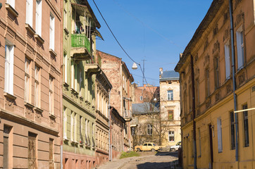 the architecture of the old city, Lviv, western Ukraine, old buildings and houses, narrow streets, baroque.