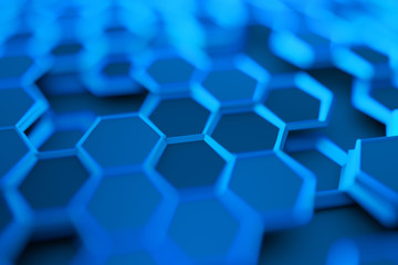 Abstract 3d rendering of futuristic surface with hexagons. Contemporary sci-fi background with bokeh effect. Poster design.