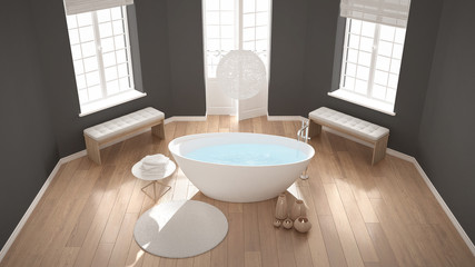 Fototapeta na wymiar Zen classic spa bathroom with bathtub, minimalist scandinavian interior design, top view