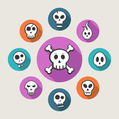 Skull icons - orange, blue & pink - vector illustration