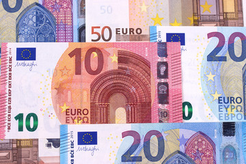 Euro Money Banknotes Different denominations abstract background.
