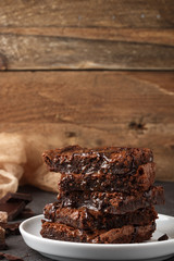 Brownie. Homemade cake with chocolate and caramel. American dessert. Selective focus