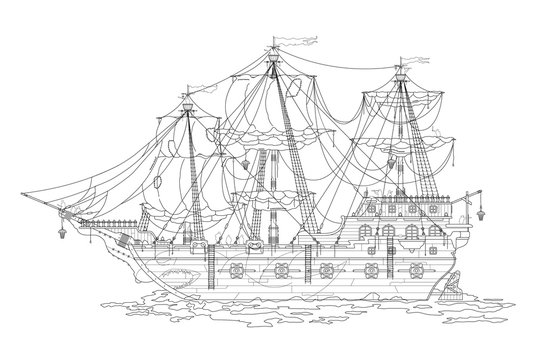 Outline sketch, of the old pirate ships. Coloring coloring book for adults. Black and white vector illustration.