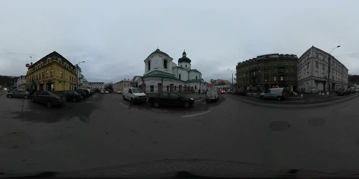 360 vr Video Kiev Downtown Panorama Contract Square at Dusk Silhouettes of the Buildings Historical Part of the City in Cloudy Wintry Day Old Monuments