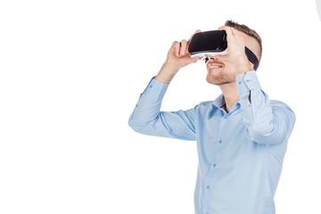 man with virtual glasses. surprised expression