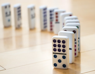 Curved Line of Colorful Dominoes on Wooden Floor
