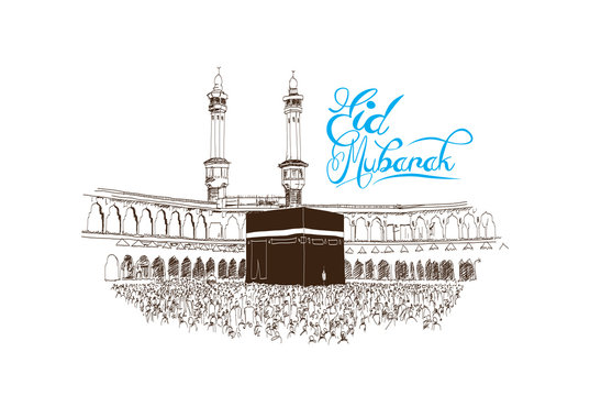 Eid Mubarak text with Mecca mosque sketch in vector illustration.