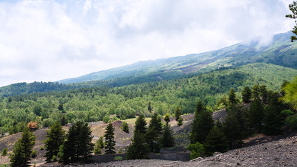 cloud over green slope of Etna mount