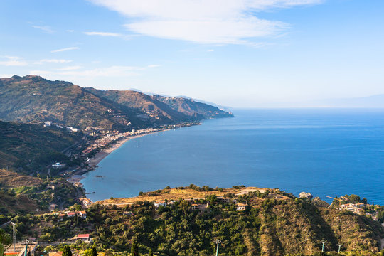 view of Letojanni resort and coast of Ionian sea