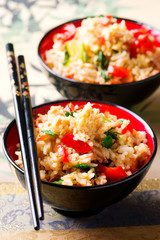 Fried rice with vegetables ,egg and bacon