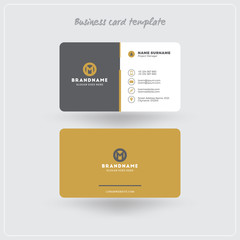 Golden and Gray Business Card Print Template. Personal Visiting Card with Company Logo. Clean Flat Design. Rounded Corners. Vector Illustration. Business Card Mockup with Shadows