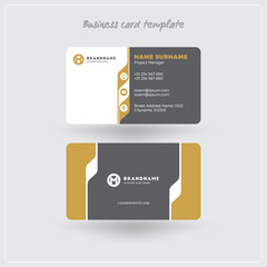 Golden and Gray Business Card Print Template. Personal Visiting Card with Company Logo. Clean Flat Design. Rounded Corners. Vector Illustration. Business Card Mockup with Shadows