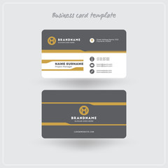 Obraz premium Golden and Gray Business Card Print Template. Personal Visiting Card with Company Logo. Clean Flat Design. Rounded Corners. Vector Illustration. Business Card Mockup with Shadows