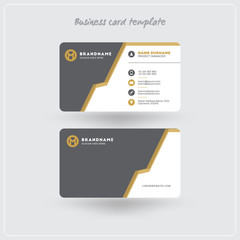 Golden and Gray Business Card Print Template. Personal Visiting Card with Company Logo. Clean Flat Design. Rounded Corners. Vector Illustration. Business Card Mockup with Shadows