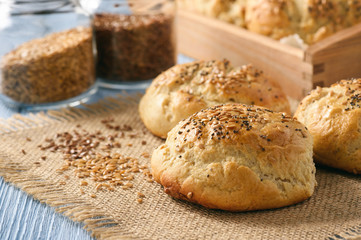Homemade bread rolls with flax seeds.