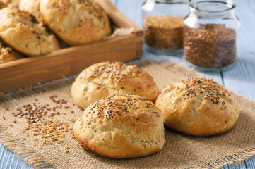 Homemade bread rolls with flax seeds.