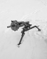 on the tripod Russian grenade launcher in winter , black and white.