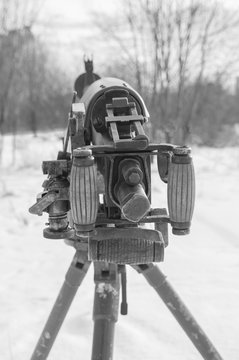 closeup of the back of a Russian machine gun, black and white.