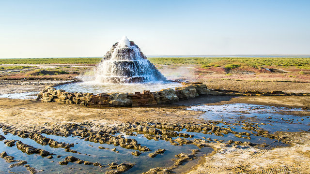 Radon springs at the bottom of the dried-up Aral Sea. The Aral Sea was an endorheic lake lying between Kazakhstan in the north and Uzbekistan in the south.
