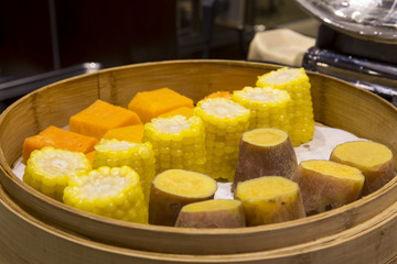 Boiled corn, sweet potatoes and pumpkin in the hotel's buffet restaurant 