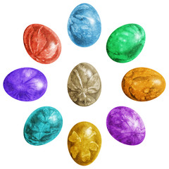 Nine Colorful Easter Eggs Decorated with Leaves Imprints Isolated on White Background