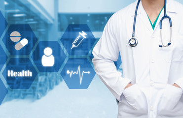 smart doctor with a stethoscope around his neck with health care icons and hexagonal shaped pattern on the hospital blurred background, medical technology concept.