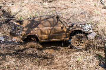 The car has got stuck in mud