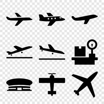 Set of 9 airplane filled icons