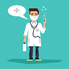 Doctor with a syringe in his hand. vaccination. Vector illustration.