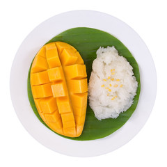 Mango sticky rice. Thai style dessert, mango with glutinous rice isolated on white background, clipping path included.