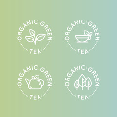 Vector Flat Icon Style Illustration Logo Labels Badge Set for Organic Green tea Production or Shop for Healthy Lifestyle