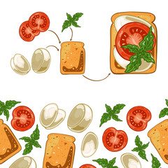Seamless pattern with sandwich: toast bread, mozzarella, tomato and basil, vector illustration
