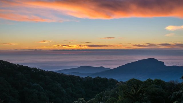 Sunrise timelapse at tropical forest and mountain landscape, 4K Time lapse