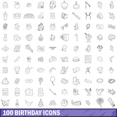 100 birthday icons set, outline style