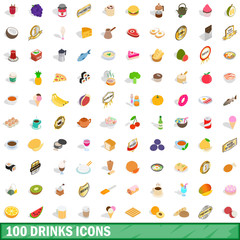 100 drinks icons set, isometric 3d style