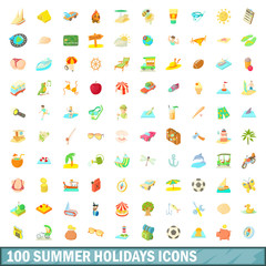 100 summer holidays icons set, cartoon style