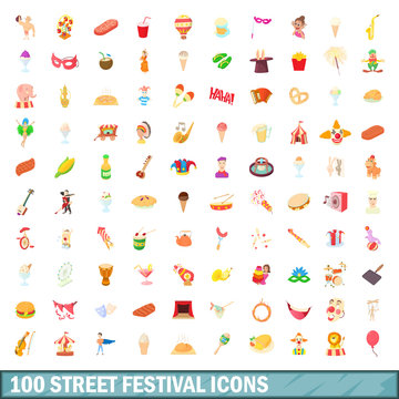 100 street festival icons set, cartoon style