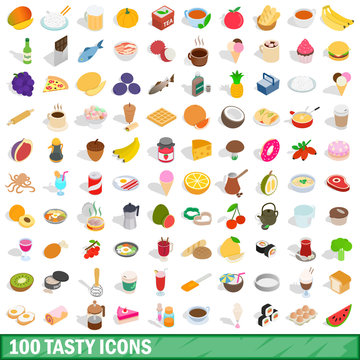 100 tasty icons set, isometric 3d style