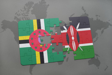 puzzle with the national flag of dominica and kenya on a world map