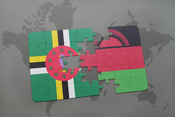 puzzle with the national flag of dominica and malawi on a world map