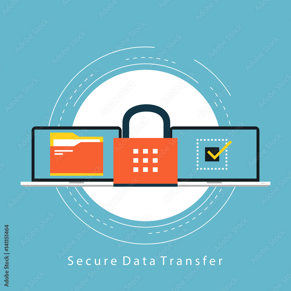 Poster secure data transfer flat vector illustration design. online data exchange, data protection system. 