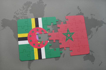puzzle with the national flag of dominica and morocco on a world map
